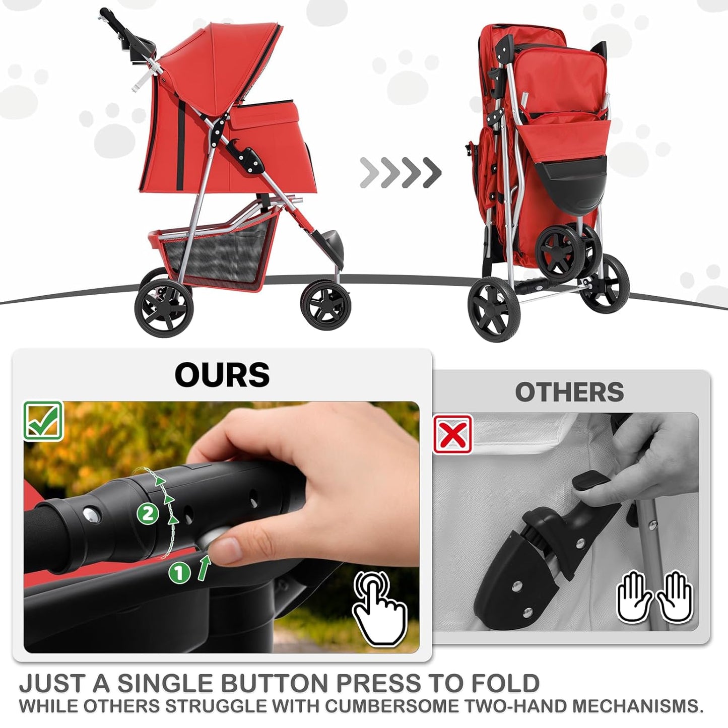 MoNiBloom Foldable Pet Stroller with Weather Cover, 3 Wheels Pet Strolling Cart for Small/Medium Dogs and Cats with Storage Basket and Cup Holder, Breathable and Visible Mesh for All-Season, Black