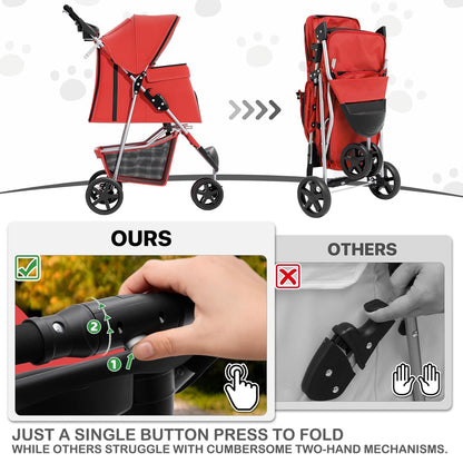 MoNiBloom Foldable Pet Stroller with Weather Cover, 3 Wheels Pet Strolling Cart for Small/Medium Dogs and Cats with Storage Basket and Cup Holder, Breathable and Visible Mesh for All-Season, Black