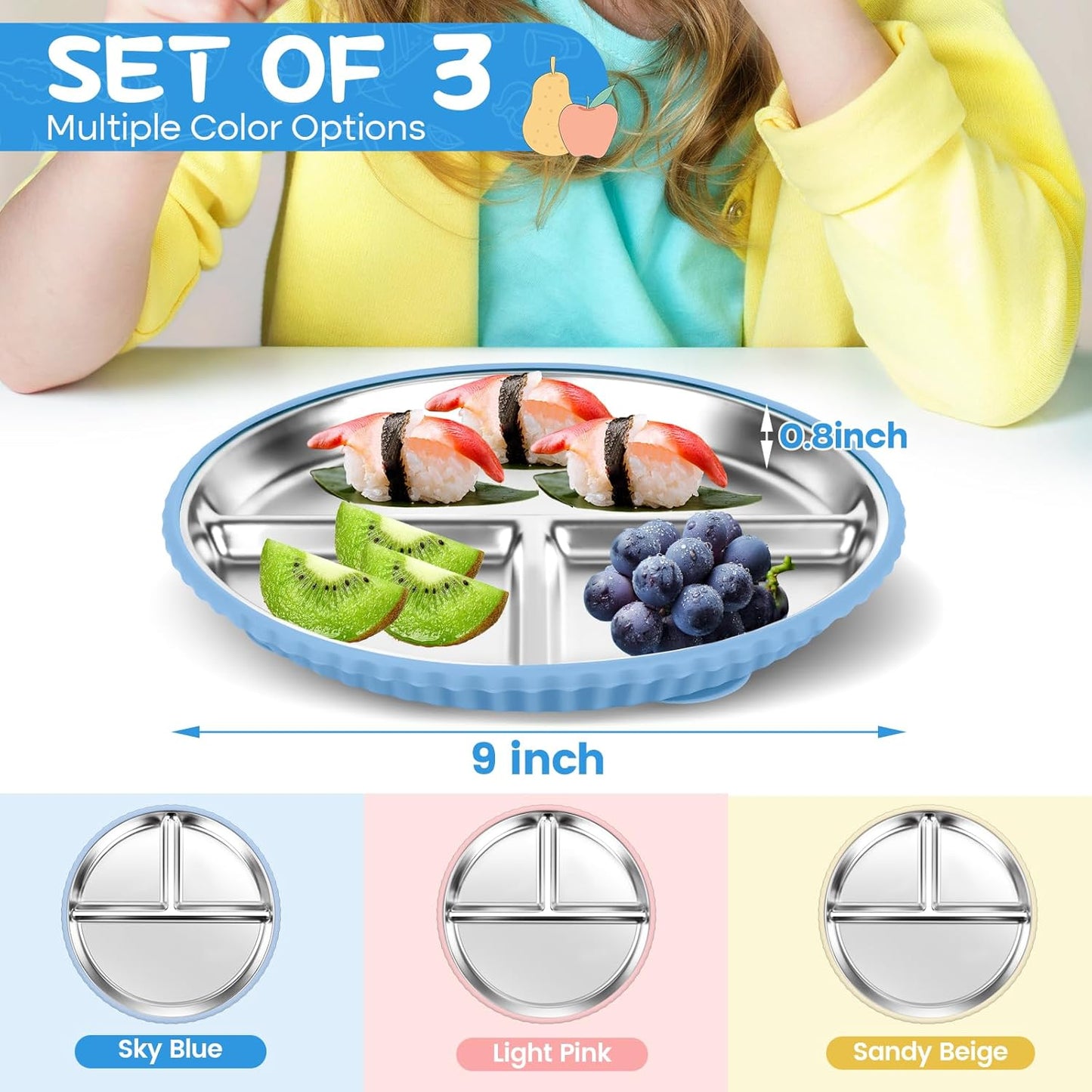 Stainless Steel Kids Plates with Suction, 2Pack 9" Divided Toddler Plates Removable Non Slip Silicone Sleeves Baby Feeding Led Weaning Supplies, BPA Free, Unbreakable Dishwasher Safe