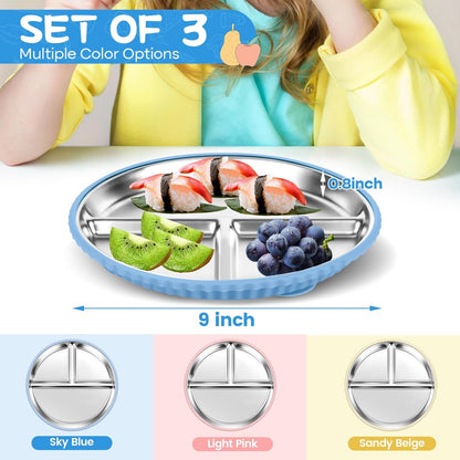 Stainless Steel Kids Plates with Suction, 2Pack 9" Divided Toddler Plates Removable Non Slip Silicone Sleeves Baby Feeding Led Weaning Supplies, BPA Free, Unbreakable Dishwasher Safe