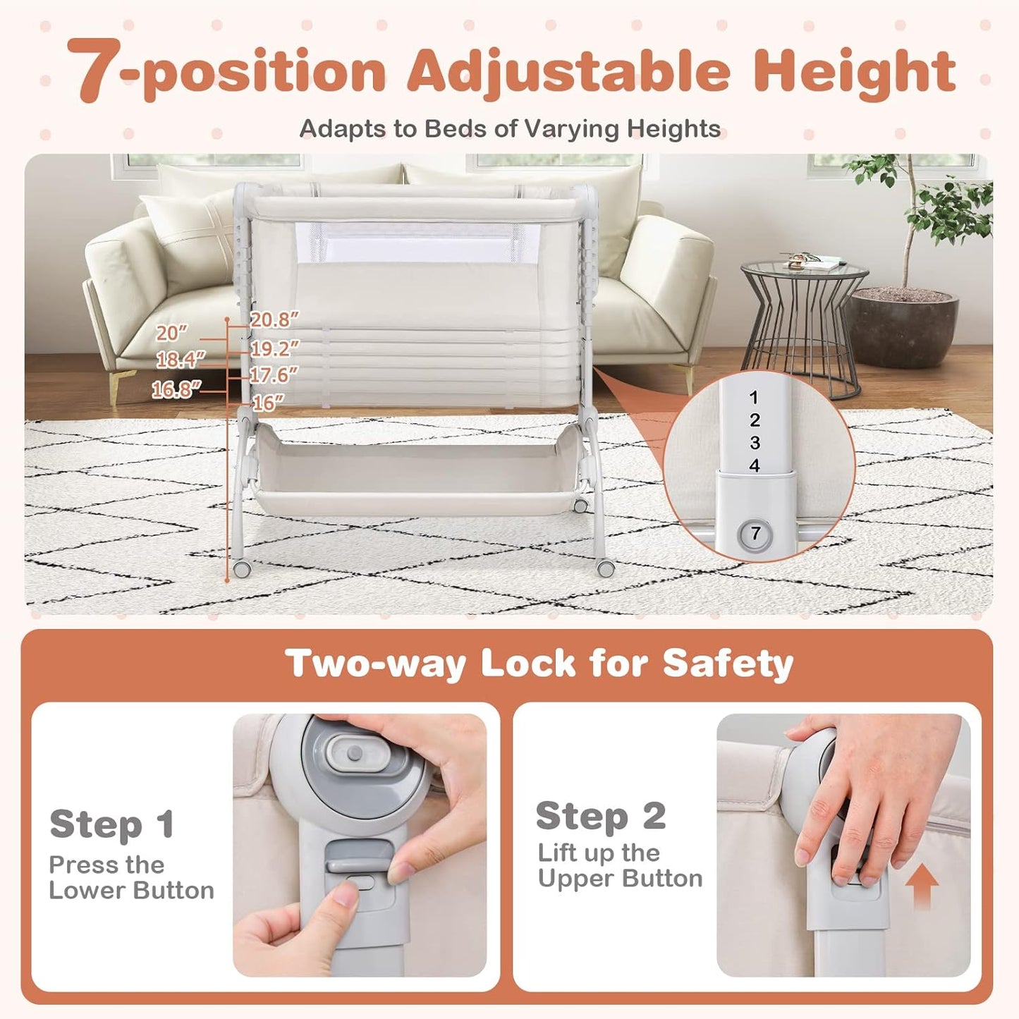 BABY JOY Baby Bassinet, 3-in-1 Rocking Bassinet w/Storage Basket, Double-Lock Design, 7 Adjustable Heights, Soft Mattress & Portable Travel Bag, Bassinet Bedside Sleeper for Newborns Infants (Beige)