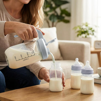 Breast Milk Pitcher 32 OZ, Heat & Cold Resistant, Sudden Temperature Safe, Fast Baby Formula Maker with Wide Mouth, No Leak Borosilicate Glass Fridge Storage Container for Juice, Cold Brew-Blue