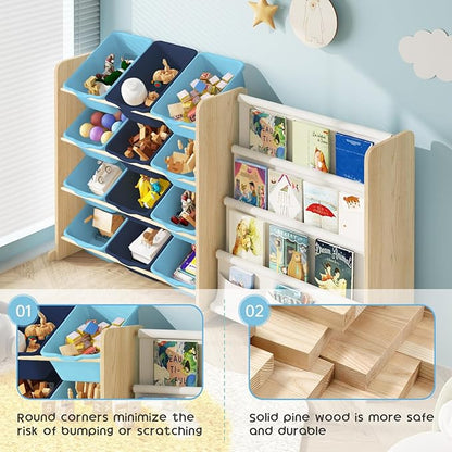 EXPERLAM Kids Toy Storage Organizer - Toy Storage with Bookshelf, Toy Organizer with 12 Blue Bins and 4 Book Shelves, Toy Organizers and Storage for Playroom, Nursery, Kids Room, Burlywood