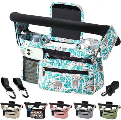 Baby Stroller Organizer, Universal Stroller Organizer with Detachable Phone Bag, Stroller Caddy with 2 Insulated Cup Holders, Buggy Organizer Bag with 2 Hooks Fits Most Strollers (Balck)