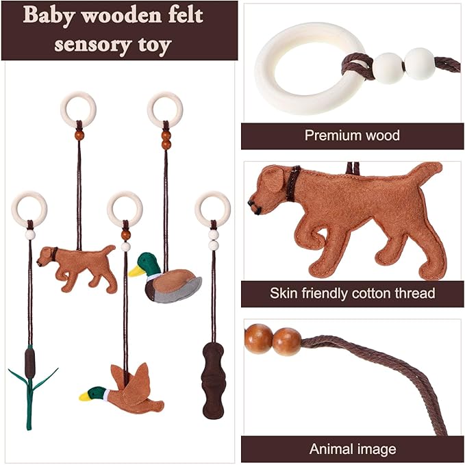 Simgoing 5 Pcs Baby Gym Hanging Toys Baby Wooden Felt Sensory Toys Wooden Activity Pendant for Home Nursery Decoration