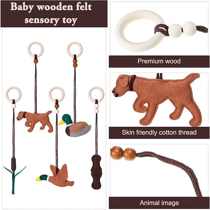 Simgoing 5 Pcs Baby Gym Hanging Toys Baby Wooden Felt Sensory Toys Wooden Activity Pendant for Home Nursery Decoration