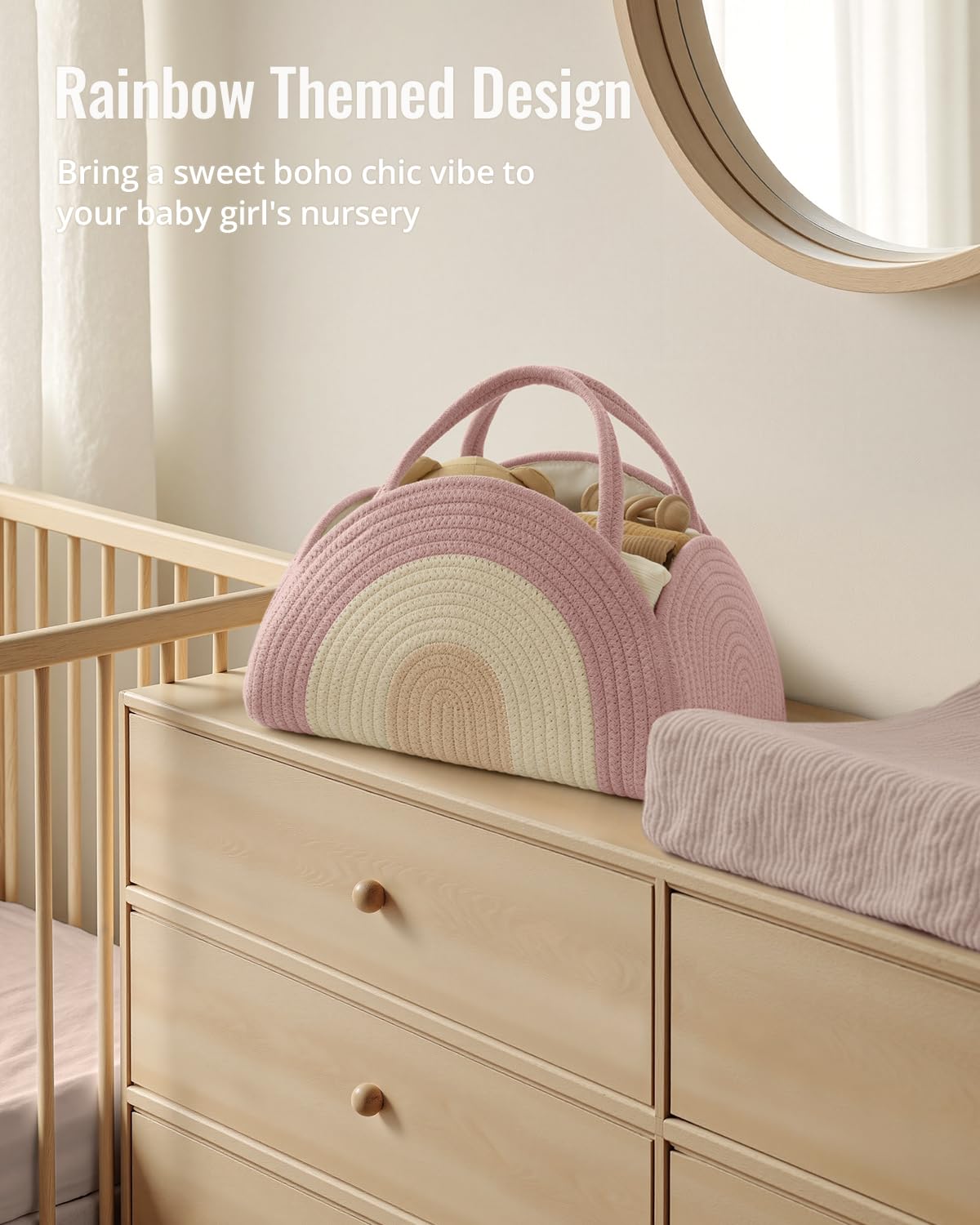 Blissful Diary Baby Diaper Caddy Organizer, Cotton Rope Diaper Caddy Basket, Large Storage Basket for Newborn Boys and Girls, Gift for Baby Shower List, Newborn Essentials, Earthy Rainbow