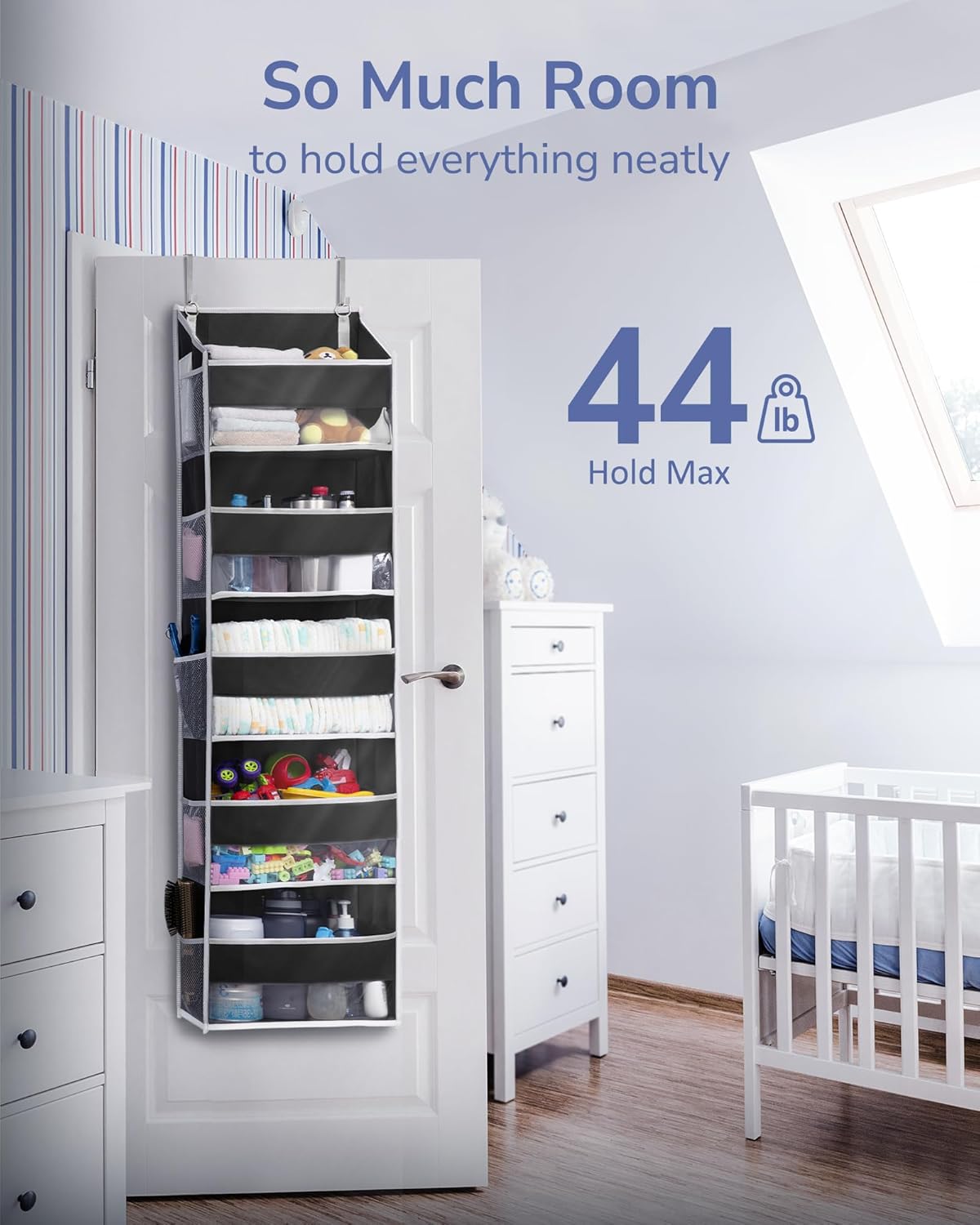 ULG 1 Pack Over Door Organizer with 5 Large and 10 Mesh Side Pockets, 44 lbs Weight Capacity Hanging Storage with Clear Window Kids Toys, Shoes, Diapers, Dark Grey, 5 Layers