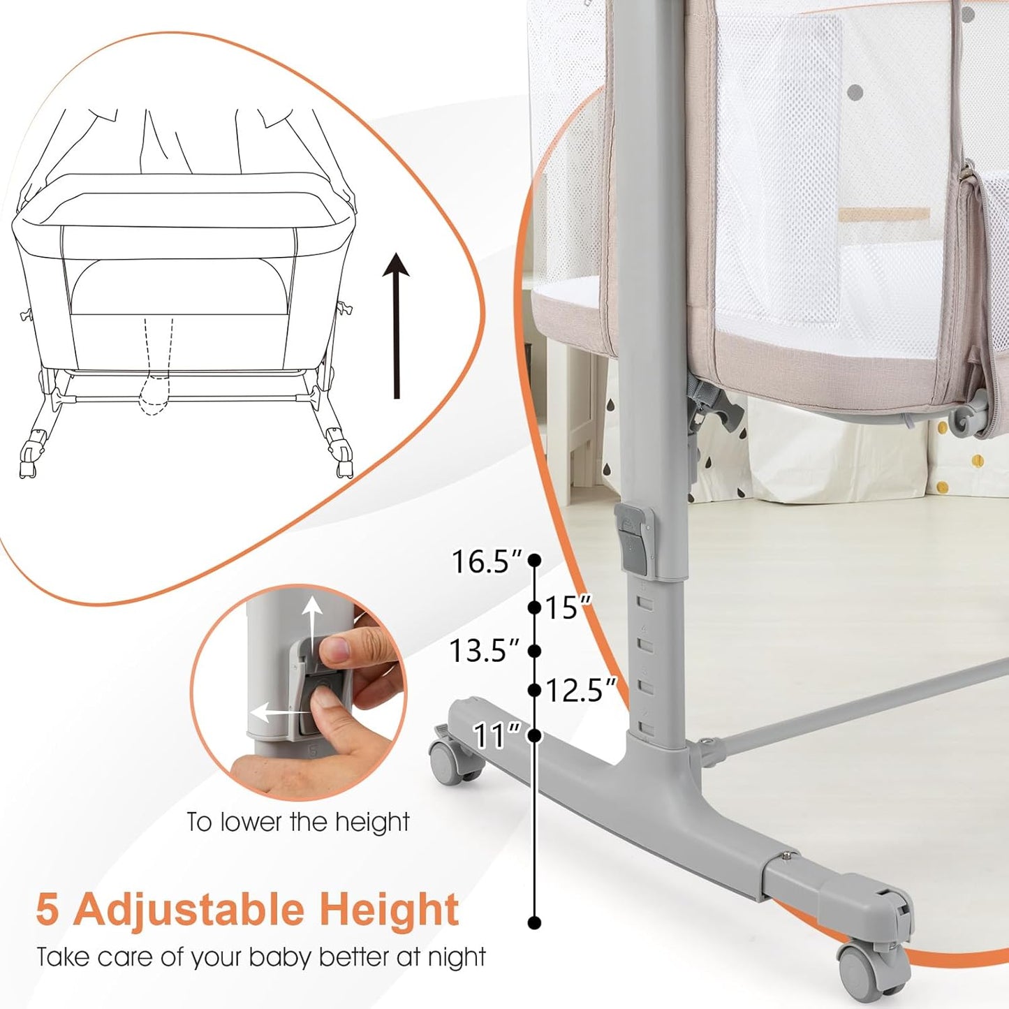 INFANS 3 in 1 Baby Bassinet, Bedside Sleeper for Newborn, Folding Crib with Mattress, Travel Bag, Wheels, 4-Sided Mesh, Easy to Assemble Cradle Co Sleeper Stationary, Rock (Dark Grey)