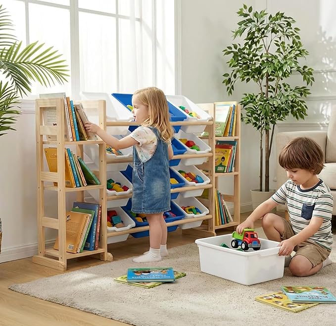 Amdermi Kids Toy Storage Organizer, 51" W White 6-Shelf Bookcase with 12 Bins, Cubby Unit for Toddler Playroom & Bedroom Organization (Blue)