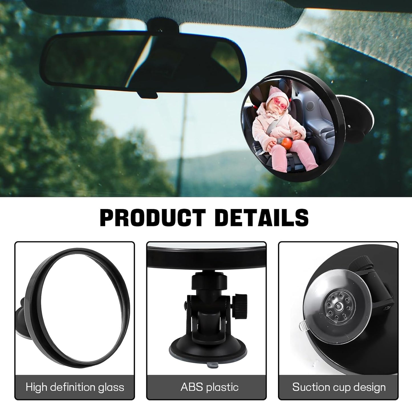 Baby Car Mirror, Auto Rear Facing Mirrors with Suction Cup, 360° Adjustable Wide Angle Convex Rear View Mirrors, Safety Backseat Babies Mirror, Universal Car Interior Accessories