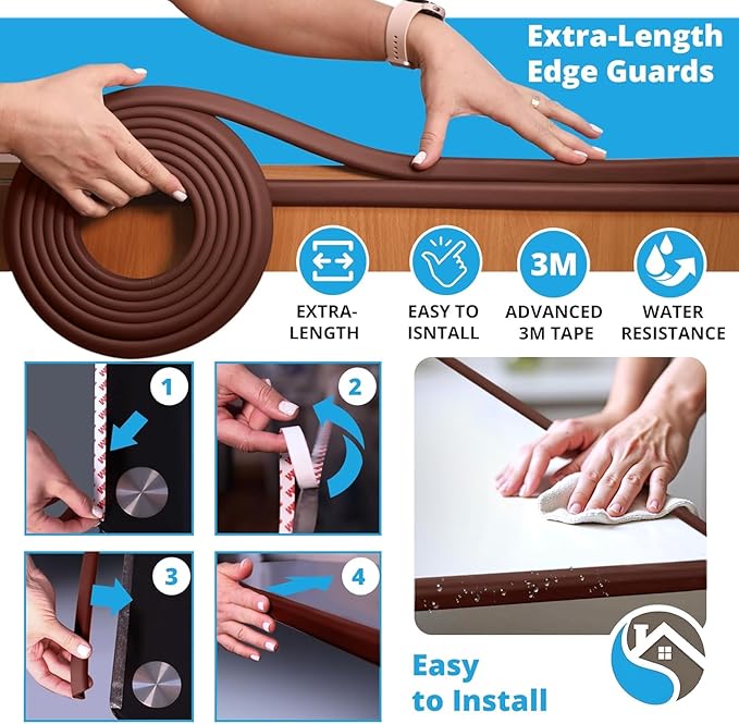 Furniture Edge Guards | 16ft Protective Protective Foam Cushion | Baby Child Proofing Set NonToxic for Table, Fireplace, Countertop | Brown
