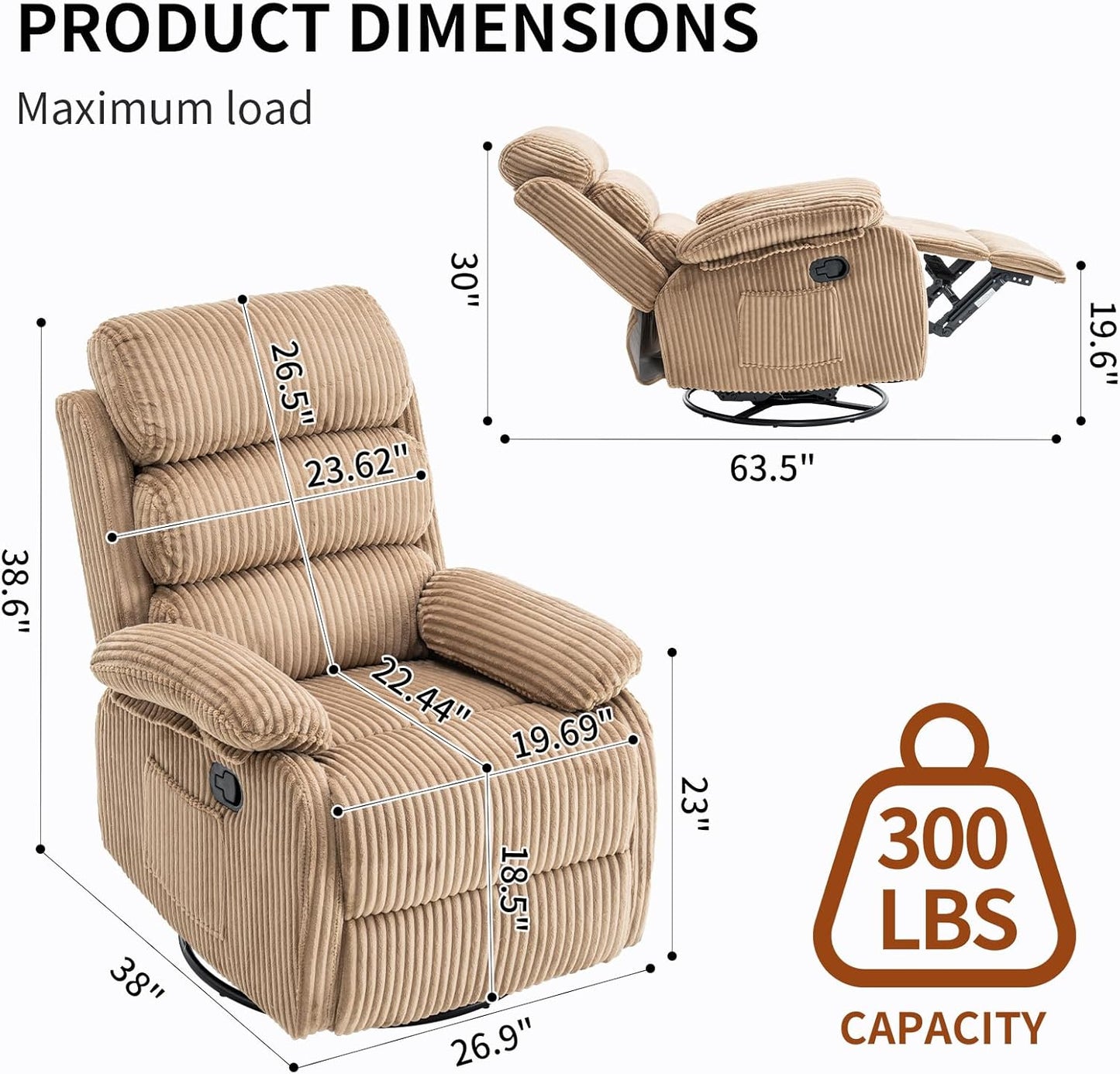Adult 360° Rocking Recliner Chair，Nursery Rocker Reclining Chair with Side Pocket, a Comfy upholstered Single Sofa Armchair. Suitable for Living Room, Bedroom Nursing use, Velvet Fabric in Beige