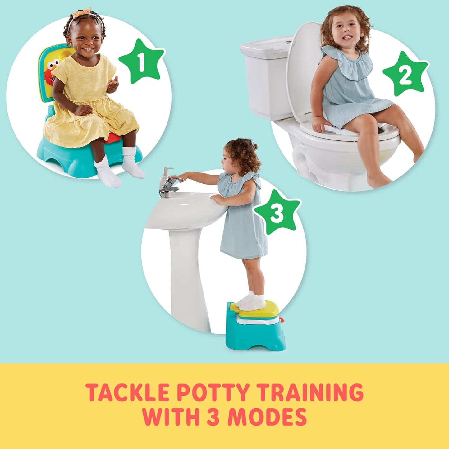 Sesame Street Cookie Monster Terrific 3 in 1 Potty Training Toilet Seat and Step Stool, Easy Clean Design with Flush Handle and Sounds, Portable, Great for Travel, Perfect for Toddler Boys & Girls 1-3