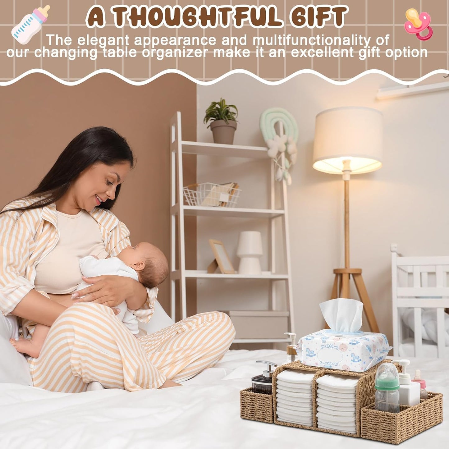 Large Wicker Diaper Caddy Organizer, Detachable Modular Changing Table Organizer for Nursery, Woven Diaper Storage Dispenser Rattan Basket for Nursery Diapering Baby Shower Essentials Gift