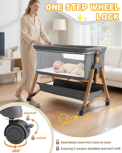 Baby Bassinet Bedside Bassinet with Large Storage Basket, Cozy Mattress, Rocking Mode, Adjustable Heights, Portable Bedside Crib for Newborn(Dark Grey)