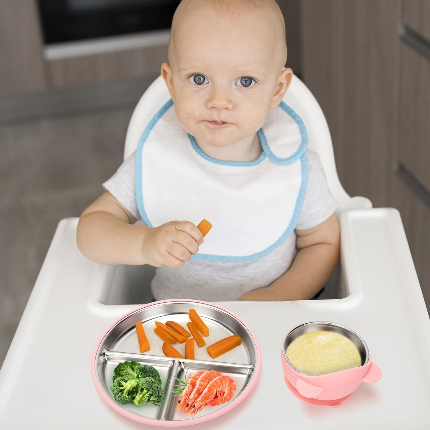 MISSLILI Stainless Steel Baby Plate and Bowls with Suction, Divided Kids Baby Plate and Toddler Bowl with Removable Silicone Suction, Non-Slip Baby Feeding Set Dishwasher Safe，4 Packs