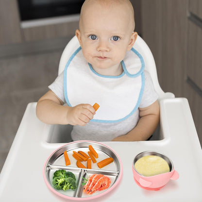 MISSLILI Stainless Steel Baby Plate and Bowls with Suction, Divided Kids Baby Plate and Toddler Bowl with Removable Silicone Suction, Non-Slip Baby Feeding Set Dishwasher Safe，4 Packs