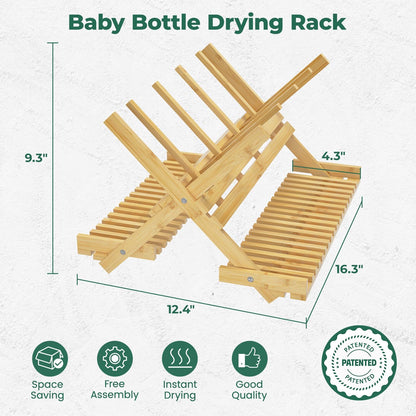 EsLuker.ly Baby Bottle Drying Rack Bamboo Vertical Dryer Holder, Space Saving for 12 Milk Glass Bottle Countertop, Wooden Drain Stand Shelf for New Parents