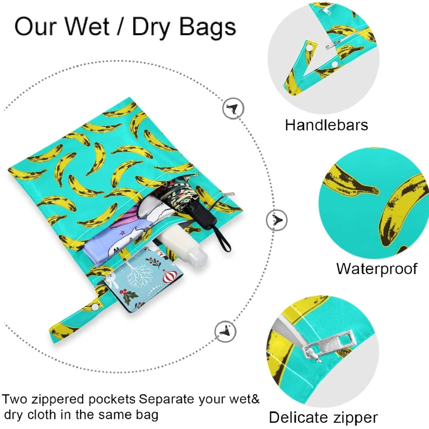 visesunny Leopard Grain 2Pcs Wet Bag with 2 Zippered Pockets Snap Handle Washable Reusable Roomy for Travel,Beach,Pool,Daycare,Stroller,Diapers,Dirty Gym Clothes, Wet Swimsuits, Toiletries