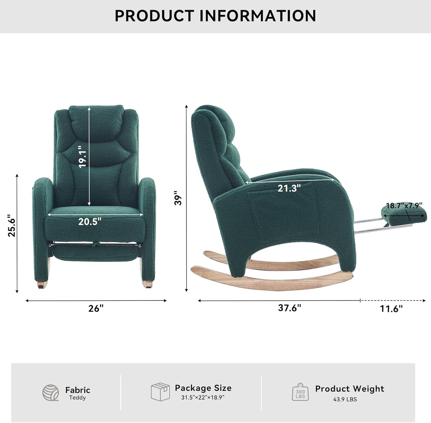 FOXHUNTER Rocking Chair Nursery, Modern Glider Chair with Adjustable Footrest and Solid Wood Legs, High Backrest Nursery Chair with Side Pocket, Rocker Armchair for Living Room Bedroom, Teddy Ivory