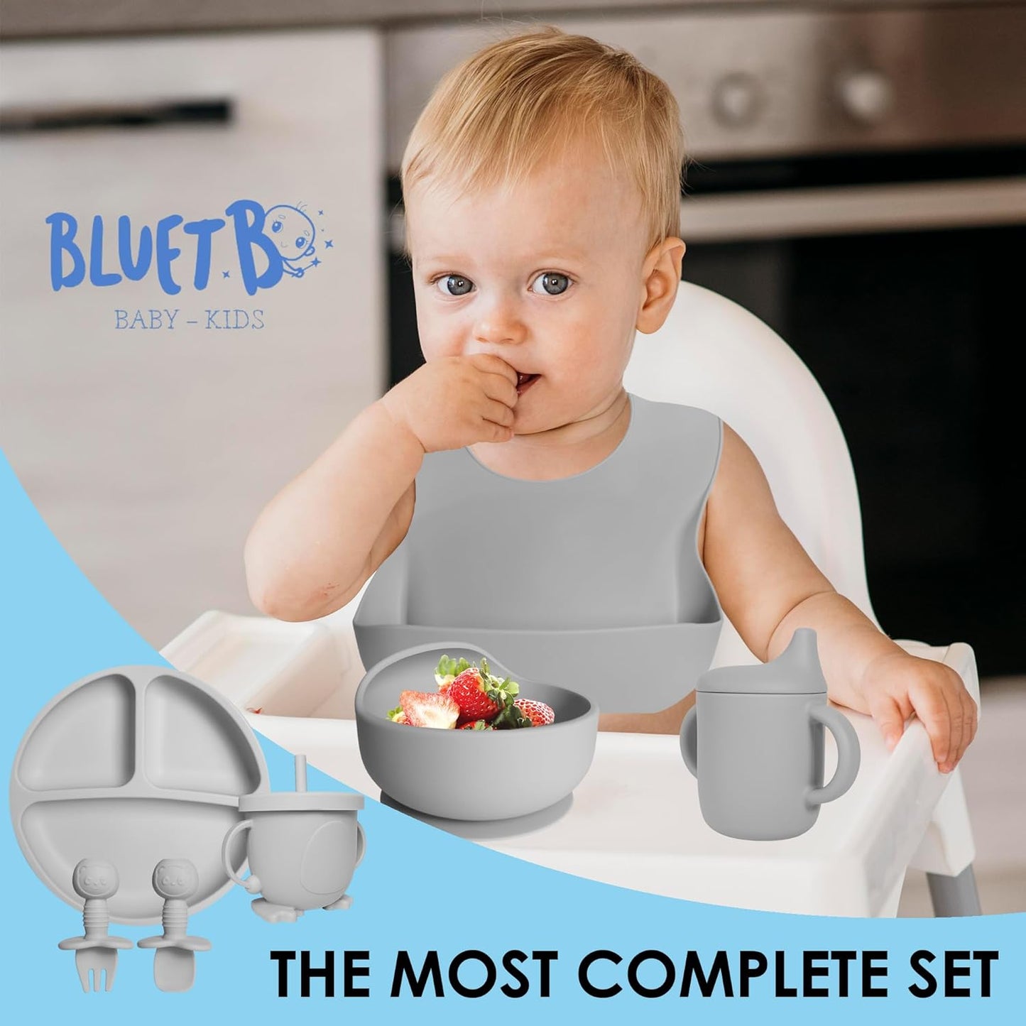 Bluet B- Silicone Baby Feeding Set with Pacifier - Baby Led Weaning Supplies - Baby Spoons, Suction Bowl - Plate - Baby Utensils Set - Silicone Feeding Set for Baby First Foods - 11pcs - Purple