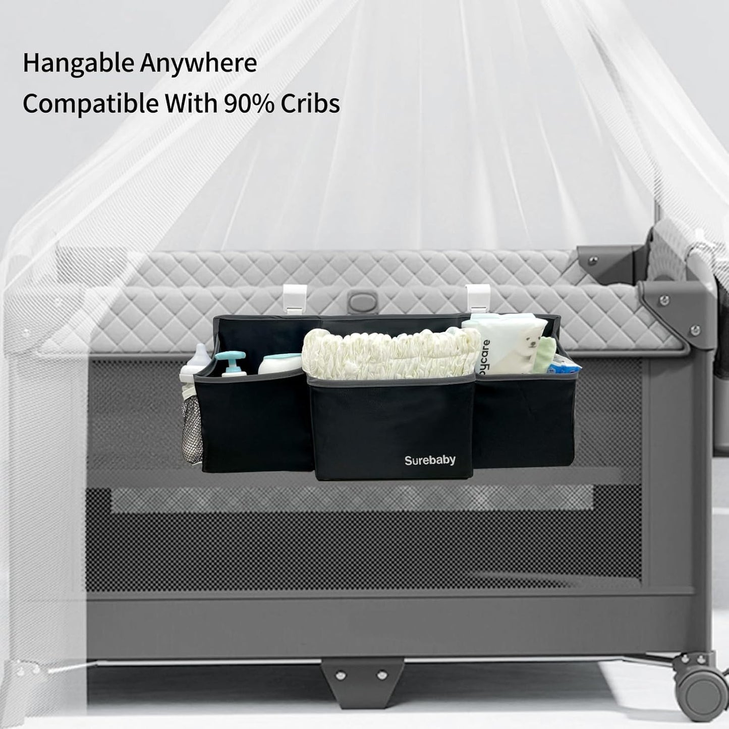 Hanging Baby Diaper Caddy, 3-in-1 Diaper Caddy Organizer Holder For Baby Crib, Nursery Organization Diaper Stacker Storage For Crib, Changing Table-Grey
