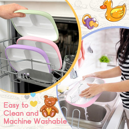 Domensi Kids Porcelain Plates with Silicone Sleeves 8.2 Inch Divided Porcelain Plate Toddler White Suction Dishes for Baby Troubleless Eating Microwave Dishwasher Safe(Stylish,3 Set)