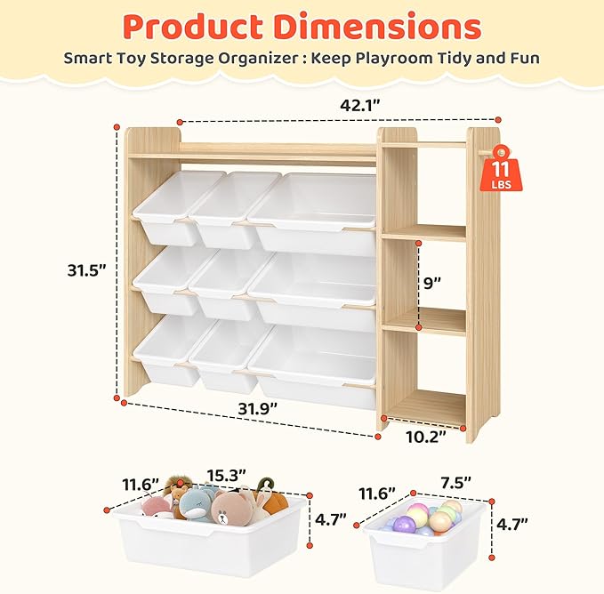 DOREROOM Toy Storage Organizer with Bookshelf, Kids Toy Storage and Organizers with 3 Shelves/9 Bins/3 Hooks, Bin Shelf, Toy Organization for Playroom, Nursery, Bedroom, Toddler Room | Wood & White