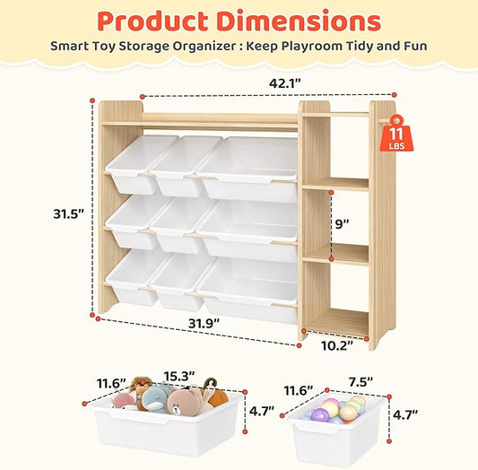 DOREROOM Toy Storage Organizer with Bookshelf, Kids Toy Storage and Organizers with 3 Shelves/9 Bins/3 Hooks, Bin Shelf, Toy Organization for Playroom, Nursery, Bedroom, Toddler Room | Wood & White
