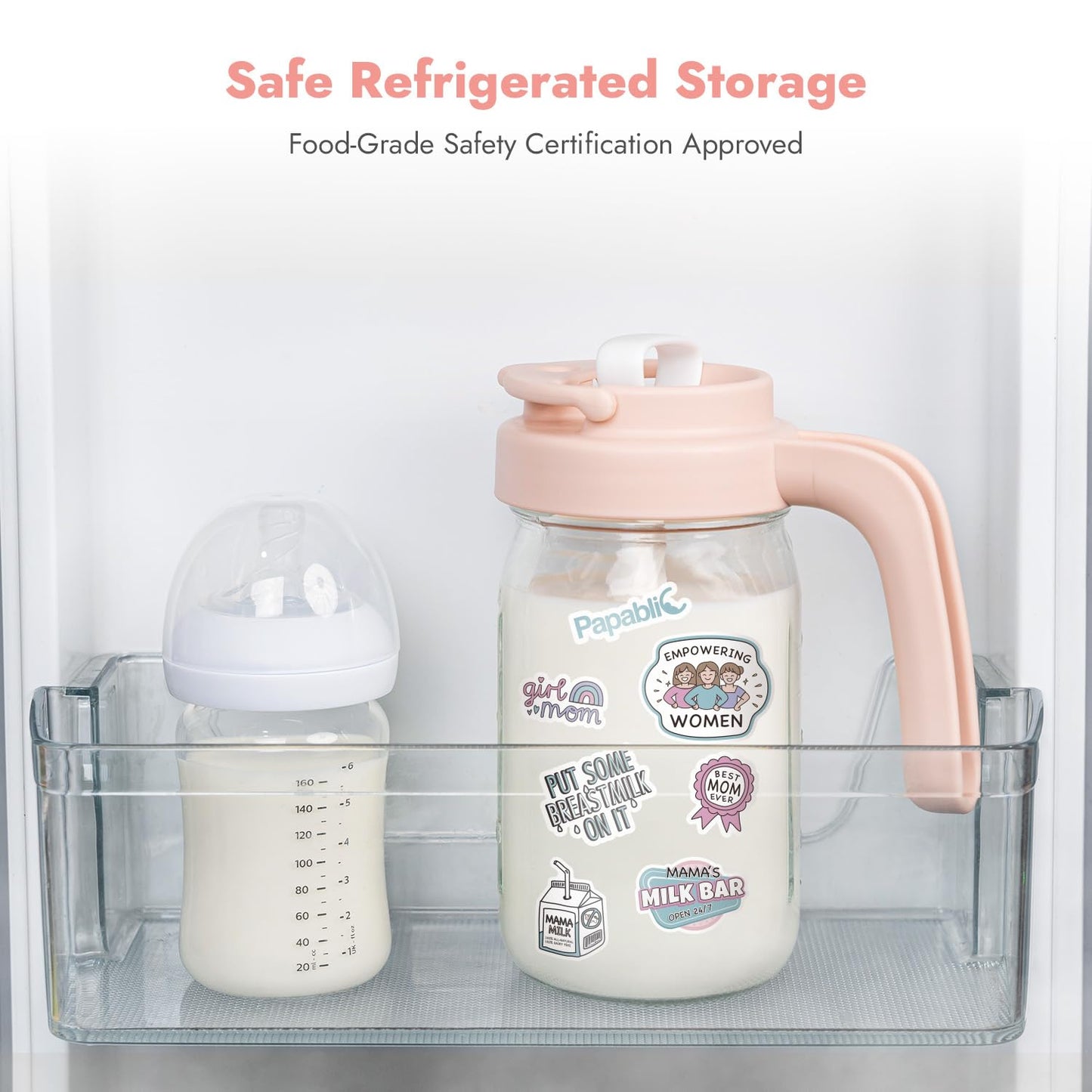 Papablic Breast Milk Pitcher, Glass Formula Mixer with Easy-Blend Handle Lid, Leakproof Breastmilk Fridge Storage Container, Wide Mouth, BPA-Free, Baby Feeding Pitcher, Blue