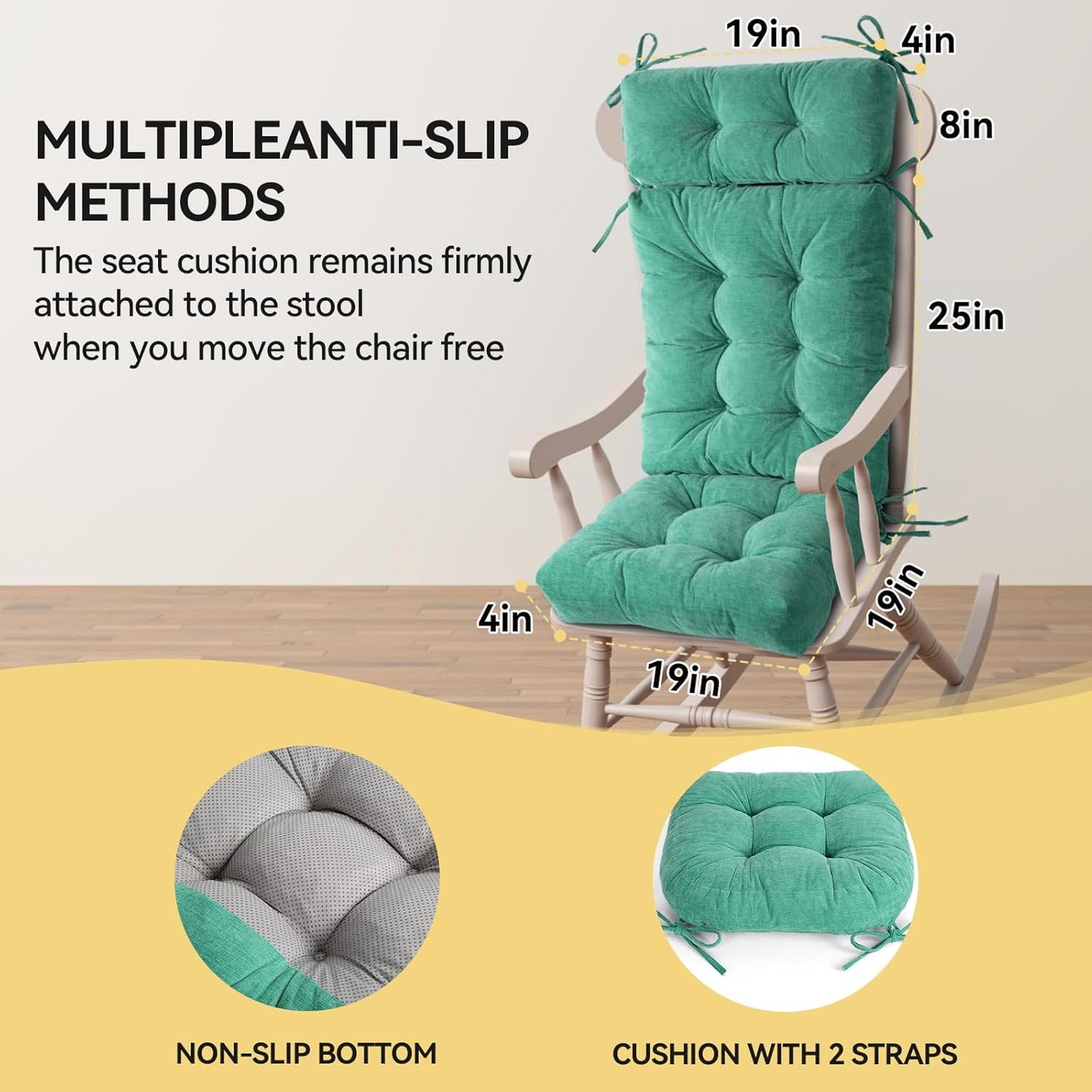 Millsilo Rocking Chair Cushions 3-Piece Set with Neck Pillow, Indoor Rocker Comfortable Tufted Non-Slip Pads with Ties, High-Density Foam Cushion for Adirondack Glider Chair, Orange, 52 x 19 x 4 Inch