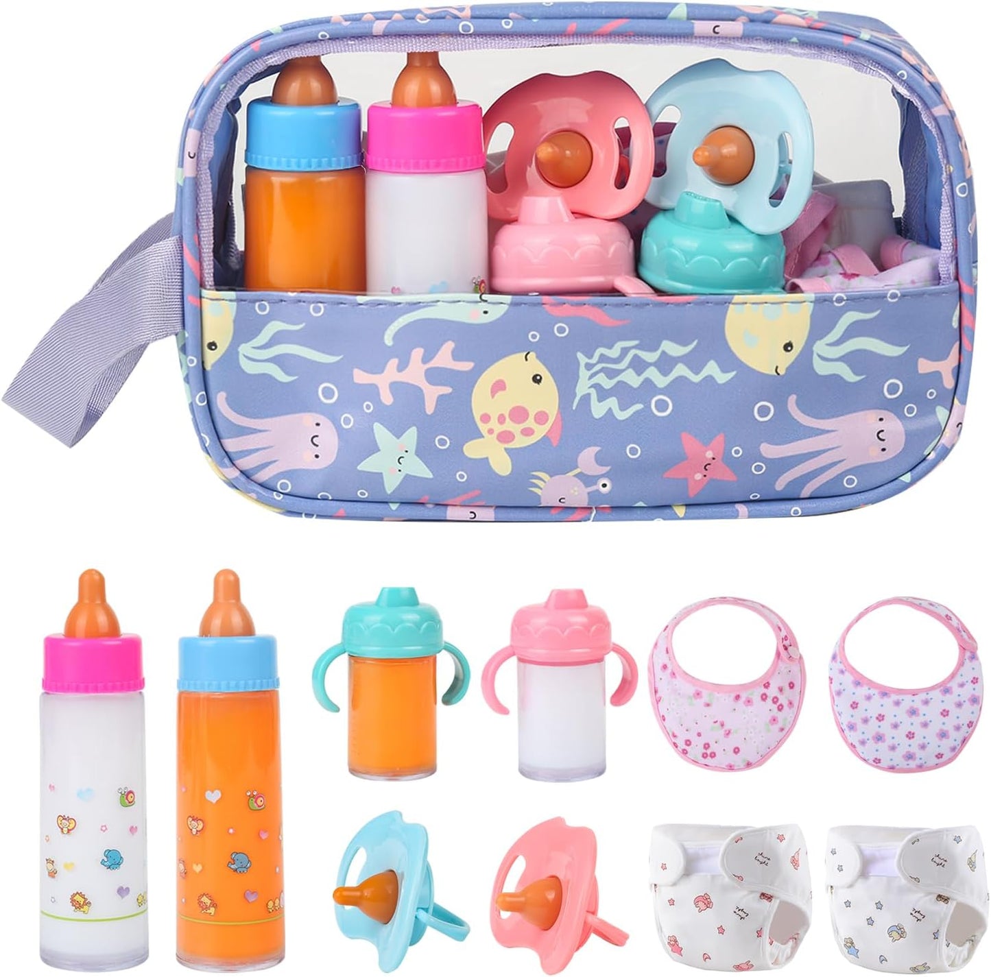 CARANOVO Baby Doll Accessories Set – 7 Pcs Feeding and Caring Set with Magic Disappearing Bottles, Pacifier, Diapers and Bibs Doll Pretend Play Gift for Kids