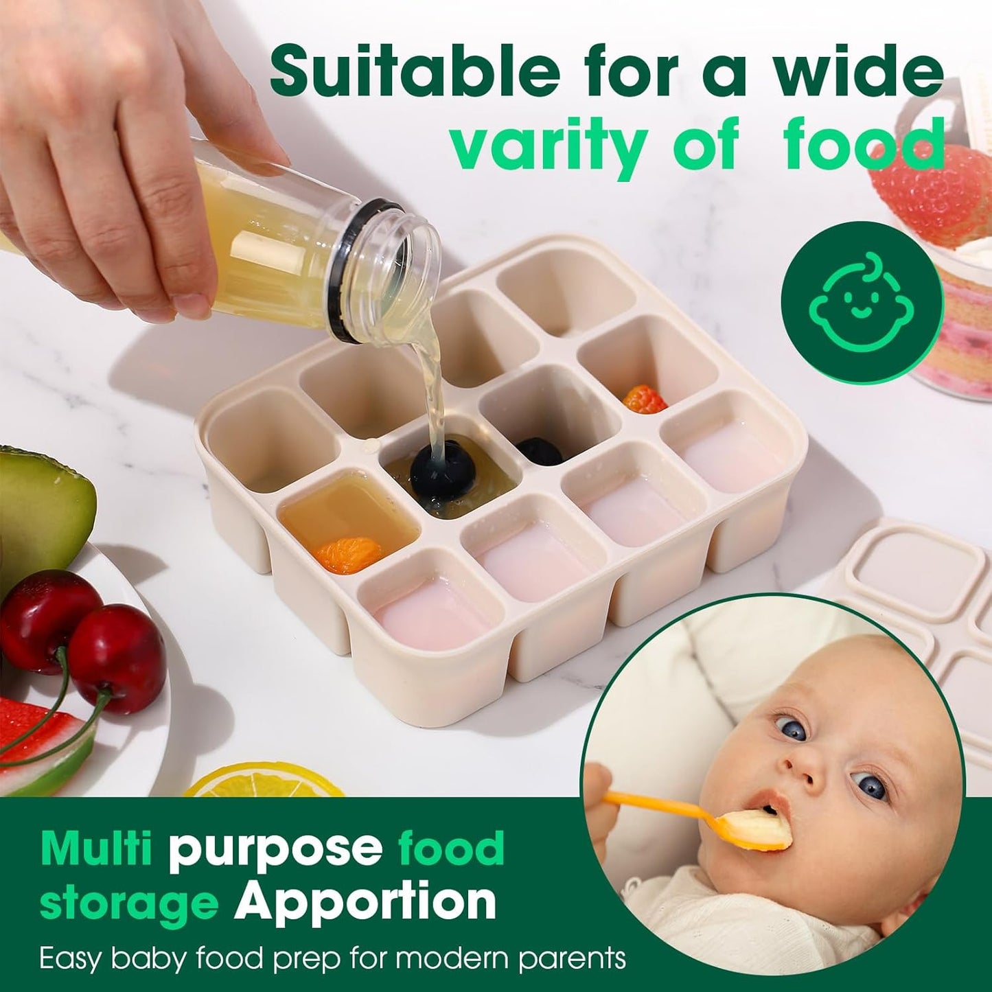 Mimorou 3 Pack Baby Food Freezer Tray with Lids 2.8 oz x 12 Cups Silicone Baby Food Storage Container Ice Cube Freezer Molds for Homemade Vegetable Fruit Purees Snack(12 Cups,White, Yellow, Brown)