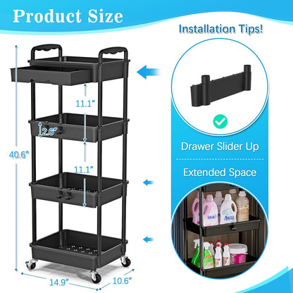 SUNALLY 3 Tier Rolling Cart with Drawer, Bathroom Storage Organizer with 2 Lockable Wheels, Multifunctional Rolling Storage Cart for Bathroom, Kitchen, Office, Craft, Makeup, Baby Essentials, White