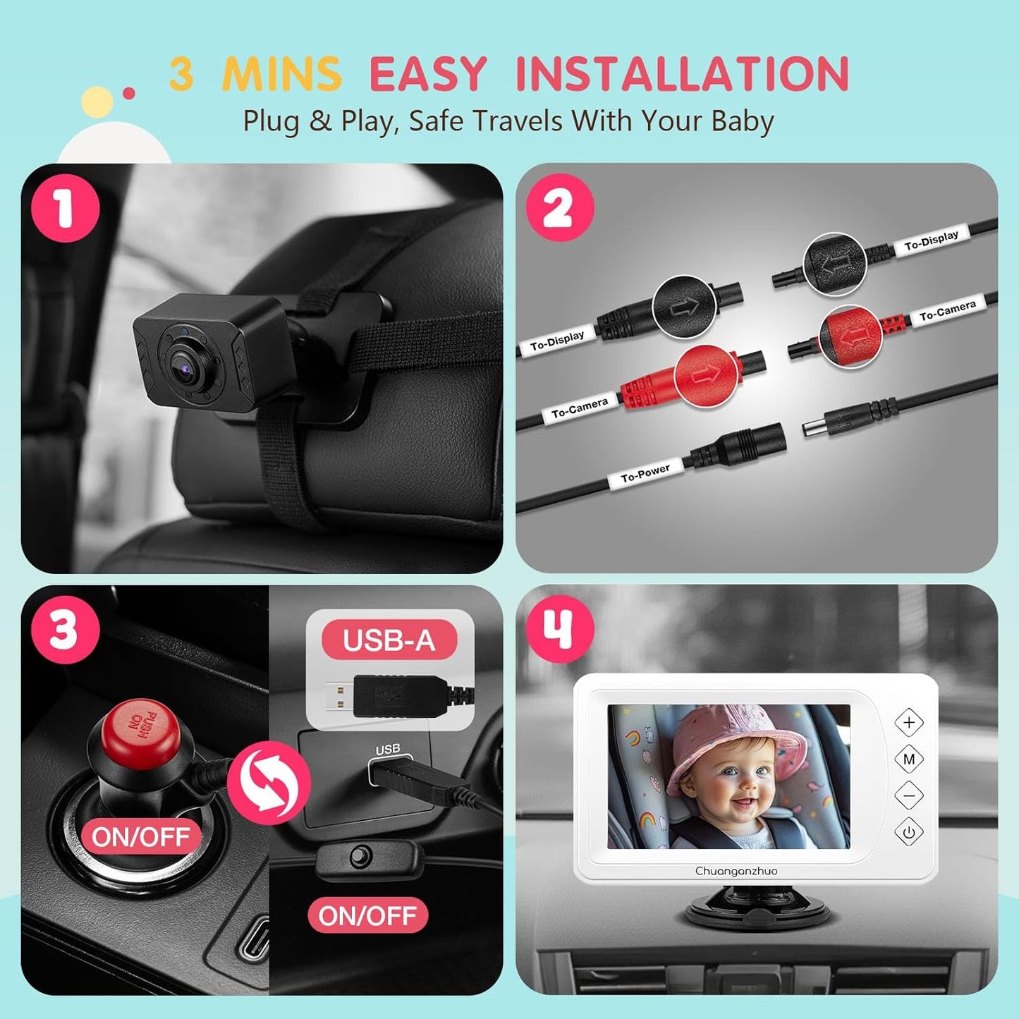 Baby Car Camera USB with No.1 Clarity, 5'' HD 1080P IPS Baby Car Monitor with 3X Zoom, Backseat/Carseat/Rear Seat Camera with Ultra Night Vision, Easy No-Damage Install, S100P(5inch Black)