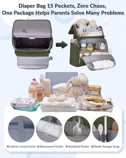 Baby Diaper Bag, Multi-Function Baby Bag for Mom Dad, 15 Pockets Pañaleras para Bebe Stroller Straps, Newborn Baby Essentials Must Haves for Girl Boy Army green