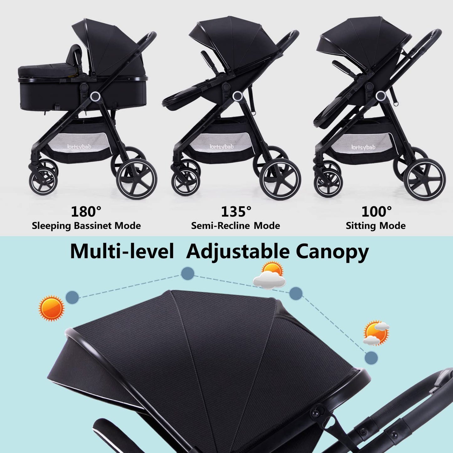 Lortsybab 2-in-1 Baby Stroller - Folding Infant Newborn Pram Stroller with Reversible Seat - Toddler Strollers for 0-36 Months Old Babies (Pink)