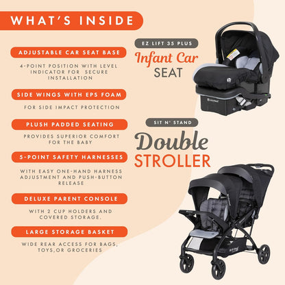 Baby Trend Sit N' Stand Tandem Double Stroller 2.0 DLX and EZ-Lift Plus Car Seat Set with 5 Point Safety Harnesses and Cozy Cover, Modern Khaki