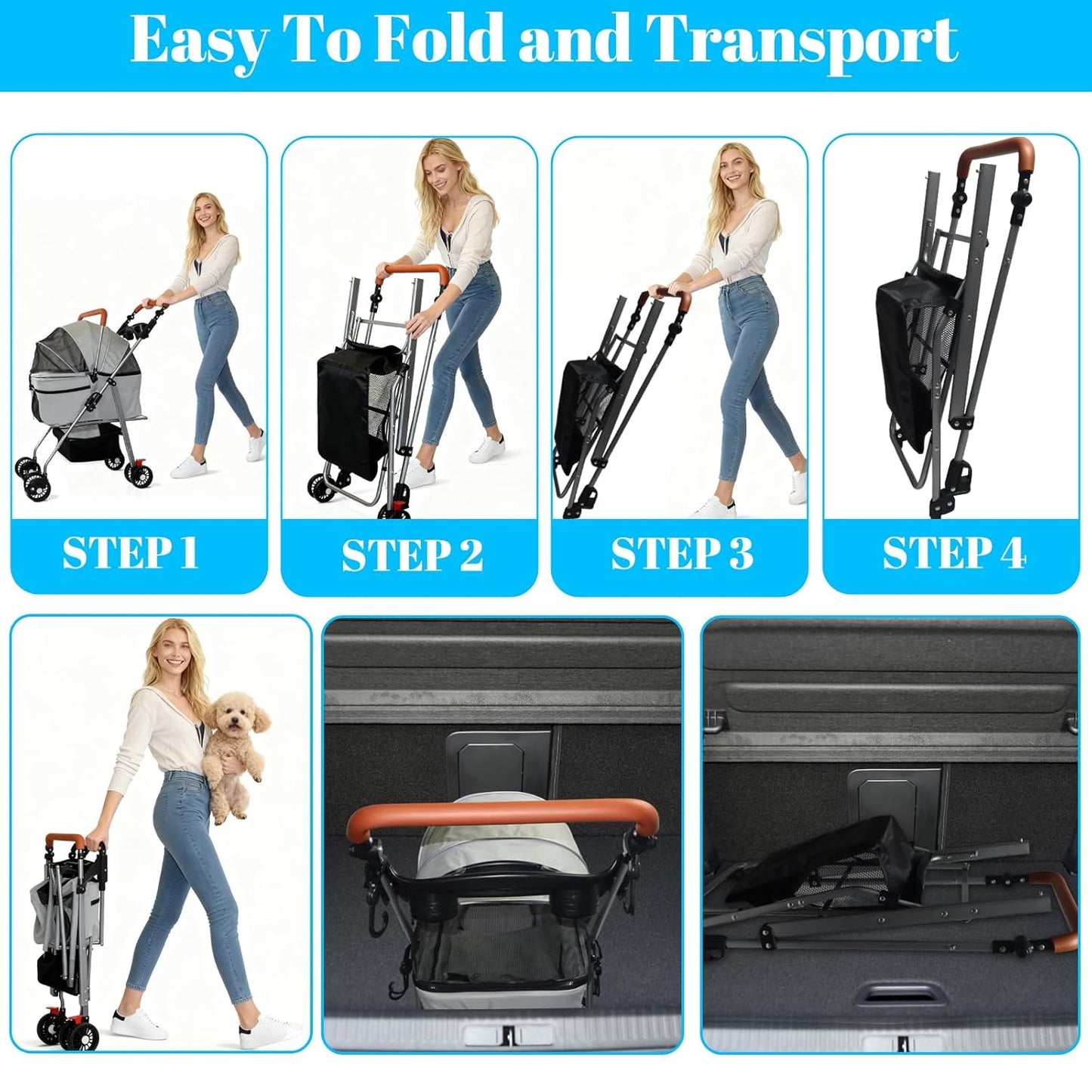 Pet Stroller 5 in 1 Foldable Pet Travel Carrier Absorption System, Dog Stroller for Medium Dogs 20 lbs Detachable Carrier Suitable for Car Seat & Hand Carry Dog Strollers for Small Dogs(Grey)