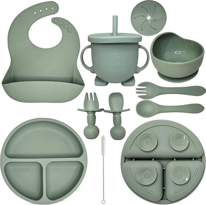 HippoBaby Baby Led Weaning Supplies | 10 Piece Silicone Baby Feeding Set | Baby Toddler Bib Cup Divided Plate and Bowl Self Feeding Spoons Dish Set | Baby Utensils | Toddler Feeding Supplies (Sky)