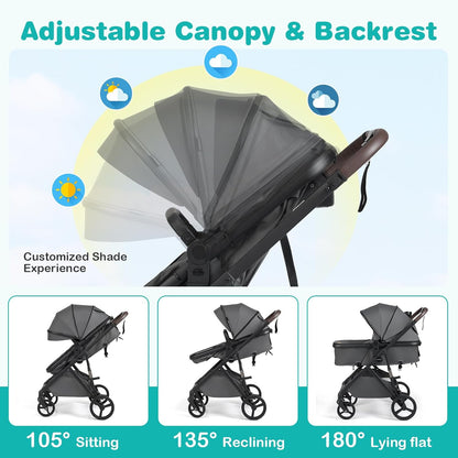 BABY JOY 2 in 1 Baby Stroller, High Landscape Convertible Bassinet Stroller with Reversible Seat, Net, Adjustable Canopy, Cup Holder, Foldable Pushchair Pram Stroller for Newborn Toddlers (Gray)