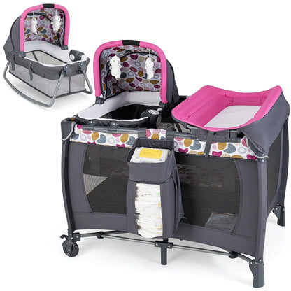HONEY JOY Pack and Play, 5 in 1 Portable Infant Playpen with Bassinet & Changing Table, Storage Bag, Music Box, Toys, Carry Bag, Nursery Center, Baby Playard Pack n Play Crib for Boys Girls