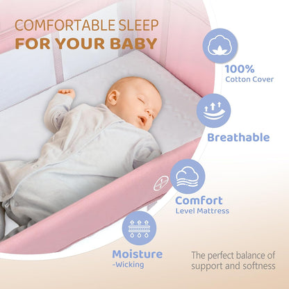 JOYMOR Baby Bedside Bassinet, Baby Bassinet, Pack n Play Convert Playpen, Quick Foldable Travel Bed with Wheels & Brake, Carry Bag for Boys Girls (Gray)