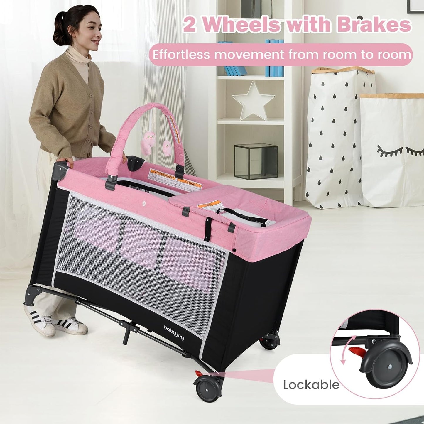 BABY JOY 3 in 1 Pack and Play, Travel Baby Crib Bassinet Bed with Bassinet, Changing Table with Safety Belt, Toy Bar, Lockable Wheels, Portable Baby Playard from Newborn to Toddler