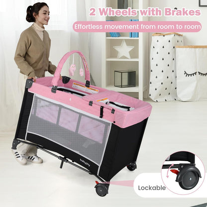 BABY JOY 3 in 1 Pack and Play, Travel Baby Crib Bassinet Bed with Bassinet, Changing Table with Safety Belt, Toy Bar, Lockable Wheels, Portable Baby Playard from Newborn to Toddler