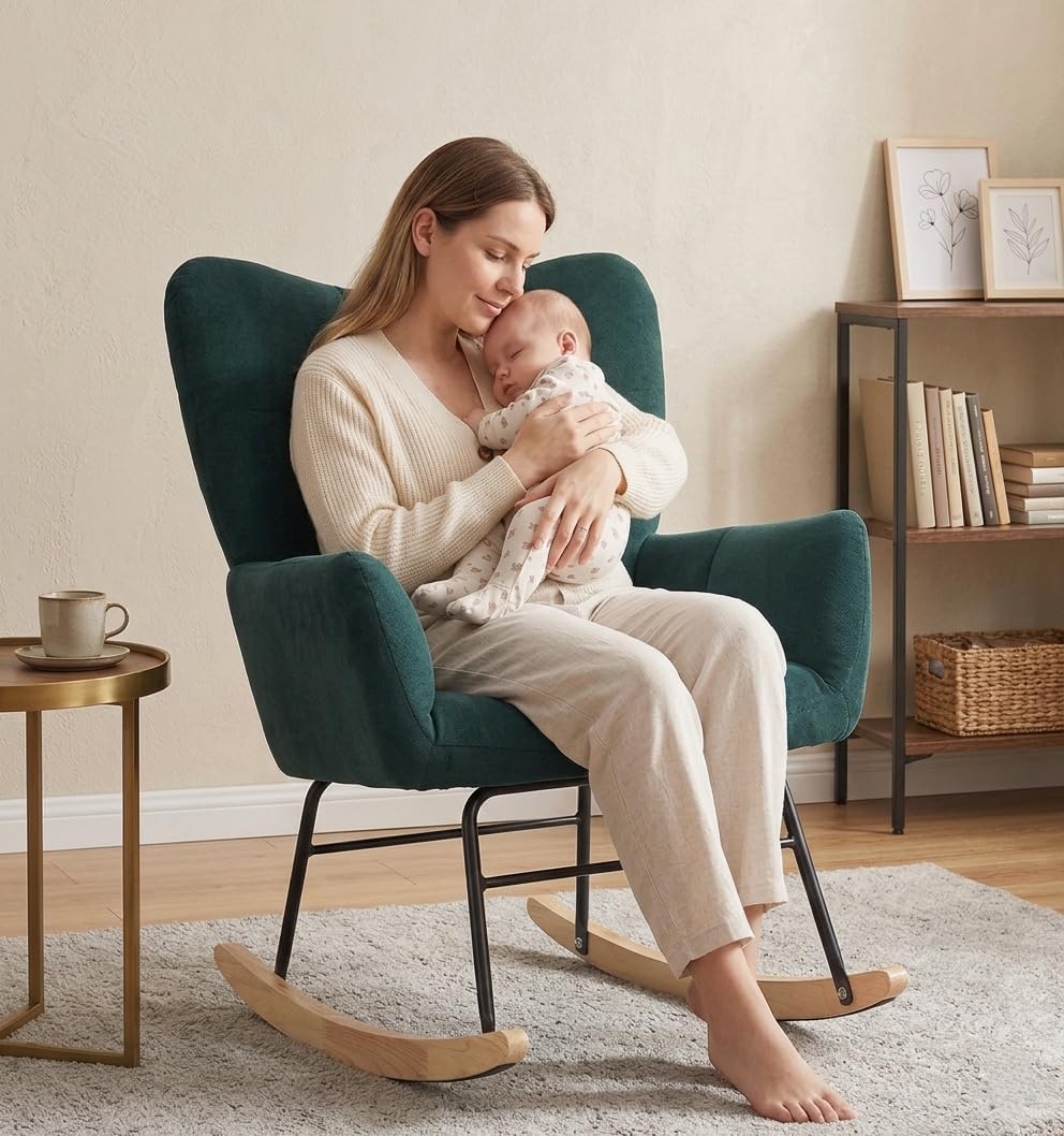 Nursery Rocking Chair, Rocking Chairs for Nursery, Baby Rocker Chair, Glider Rocker, Anti-Tip Safety Design, 440 Lb Weight Capacity, Cotton Fabric Cover, White
