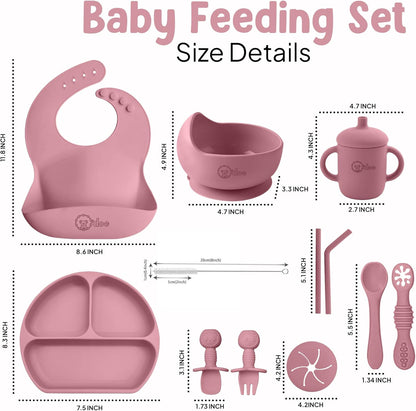 O'doe 17-Piece BPA-Free Silicone Baby Feeding Set | Thick & Soft Suction Plates, Baby Bowls, Wooden Fork & Spoon, and More | Make Mealtime Fun and Easy for Your Little One (Purple, V2)