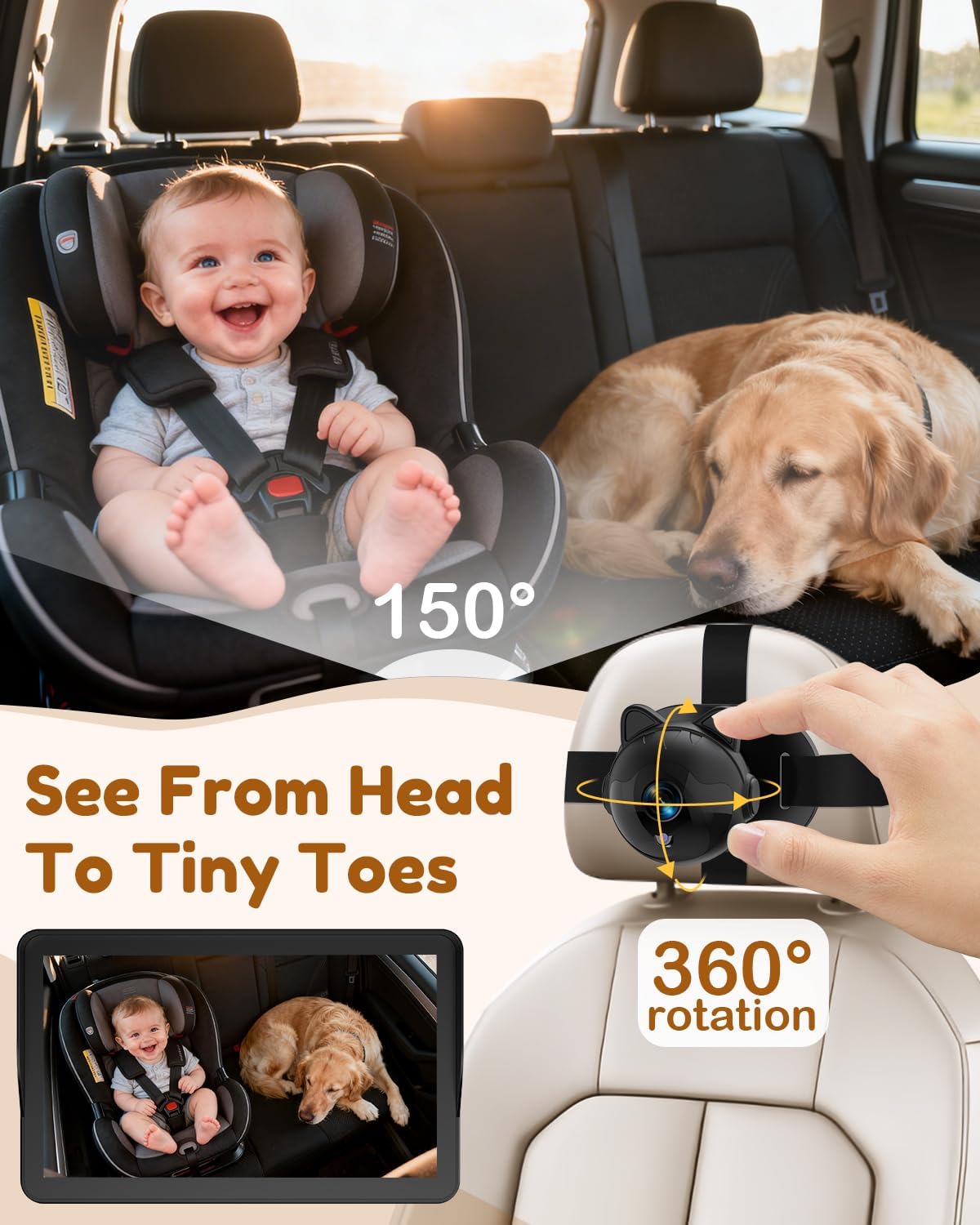 Yakry HD Baby Camera for Car 7.2-Inch: 3X Larger View, 5-Min USB Easy to Install, 1080P Auto Night Vision - 150° Wide Angle Car Seat Camera Full Backseat View for Kid & Infant Safety (Ages 0-5)