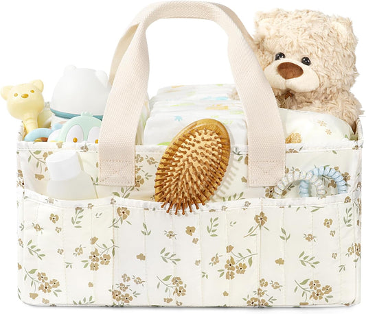 BuyCard Floral Baby Diaper Caddy Organizer, Large Quilted Nursery Storage Basket with Handle, Gift for Baby Shower, Newborn Parents Gift